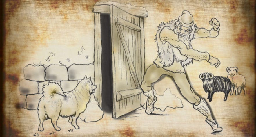 Illustrated drawing of Gully Gawk, one of the Icelandic Yule Lads, sneaking into a farmstead while animals look on, part of traditional Icelandic Christmas folklore by artist Haukur Valdimar Pálsson.