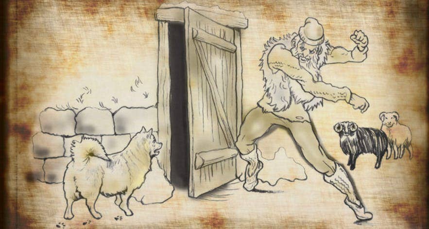 Illustrazione di Ghiottone dei fossati, uno degli Yule Lads islandesi, che si intrufola in una fattoria osservato dagli animali, disegno di Haukur Valdimar Palsson.