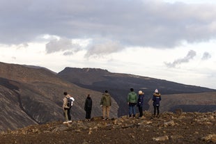 A group of hikers photographed while hiking to the Fagradalsfjall volcano in Iceland.