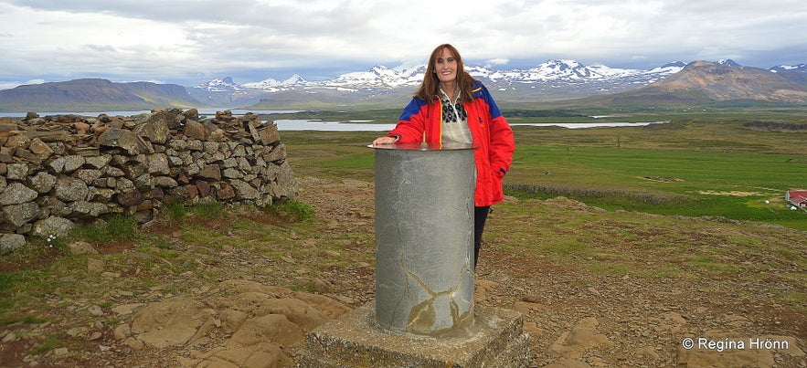 Regína on top of Mt. Helgafell by the view-dial in Snæfellsnes