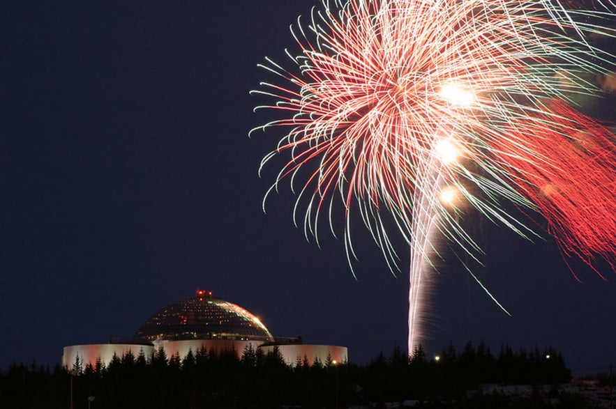 Fireworks burst over Perlan.