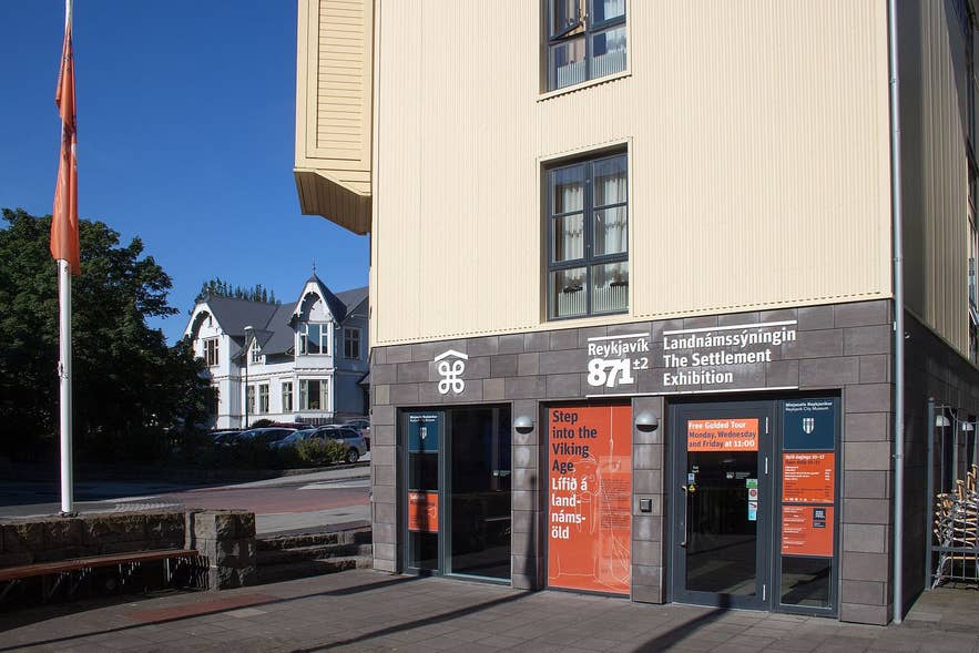 Entrance to the Reykjavik 871 plus 2 Settlement Exhibition on a sunny day