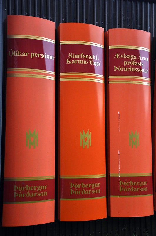 Book spines used as decoration at Thorbergssetur.