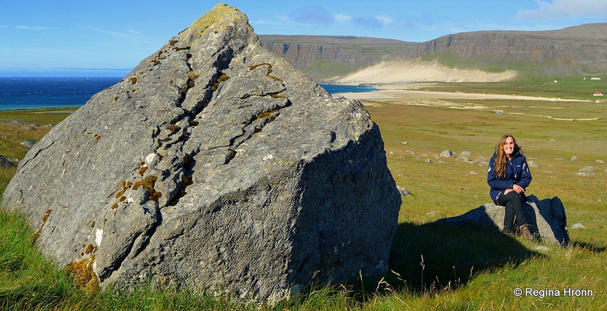 Regína by Strýtusteinn rock, the dwellings of the hidden people of Iceland