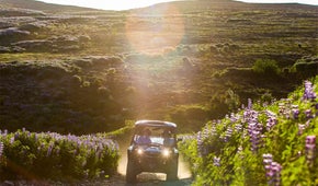 A jeep rides on the slopes of Hafrafell.