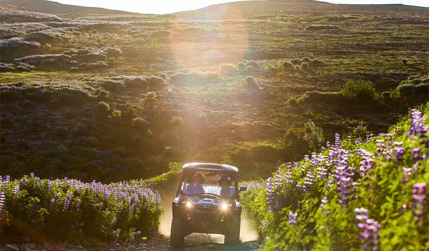 A jeep rides on the slopes of Hafrafell. A jeep rides on the slopes of Hafrafell.