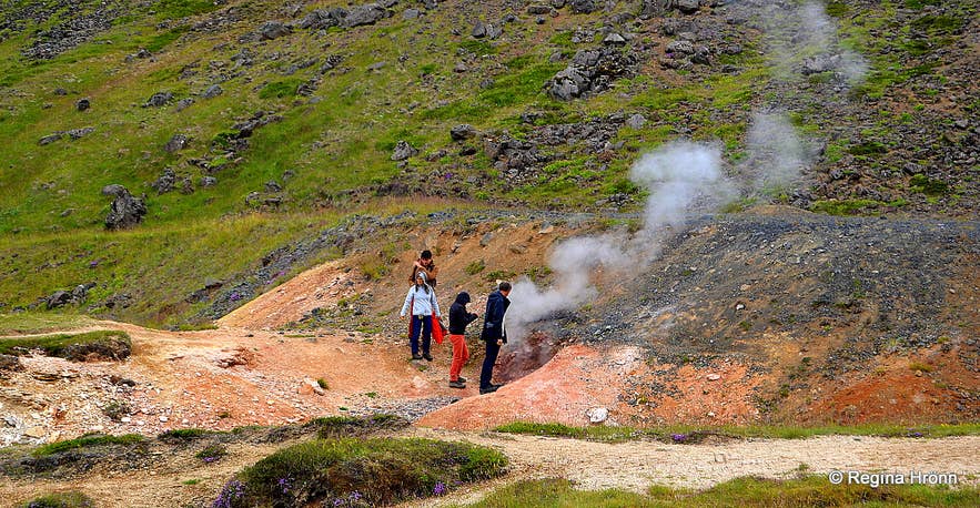 Turgåere på Reykjadalur-stien ved en dampende varm kilde