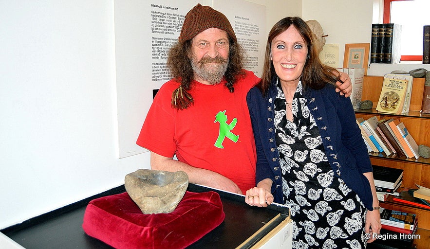 Regína with Sigurður Atlason by the ritual stone