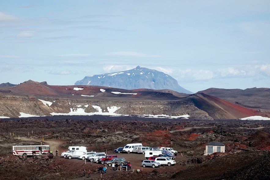 The parking lot to Askja volcano has a view of Herdubreid mountain in Iceland