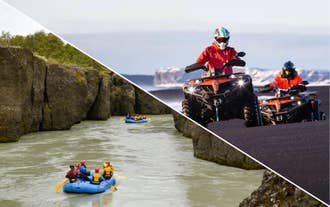 River rafting group on Hvita River and ATV rider on rugged Iceland landscape during a combo adventure tour.