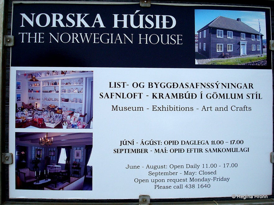 The sign for the Norwegian house in Stykkishólmur