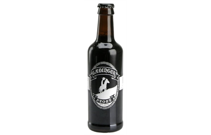 Gaedingur Stout craft beer bottle, a rich and roasted Icelandic stout among the best beers in Iceland.