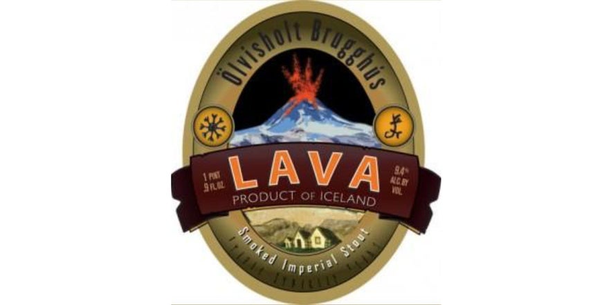 Lava Beer label from Olvisholt Brugghus, a smoked imperial stout and one of the strongest beers in Iceland.