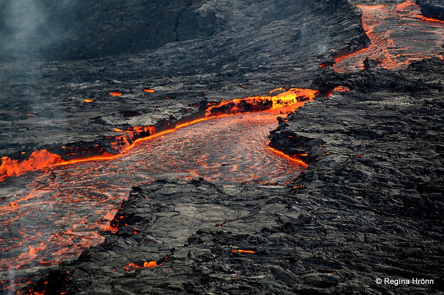 The lava flow from the volcanic eruption in Mt. Fagradalsfjall