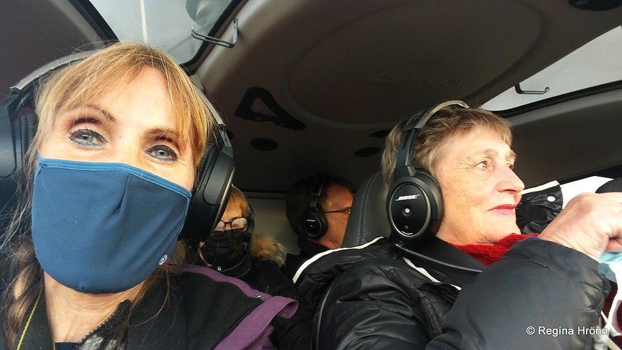 Regína on the helicopter ride to the volcano