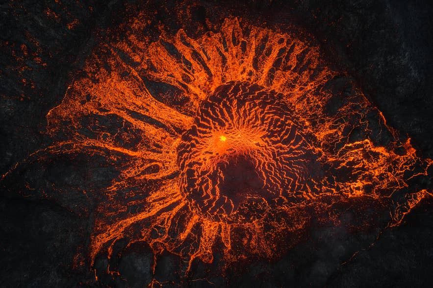 Aerial view of glowing lava at the Fagradalsfjall volcano eruption, filmed for Dungeons & Dragons: Honor Among Thieves.