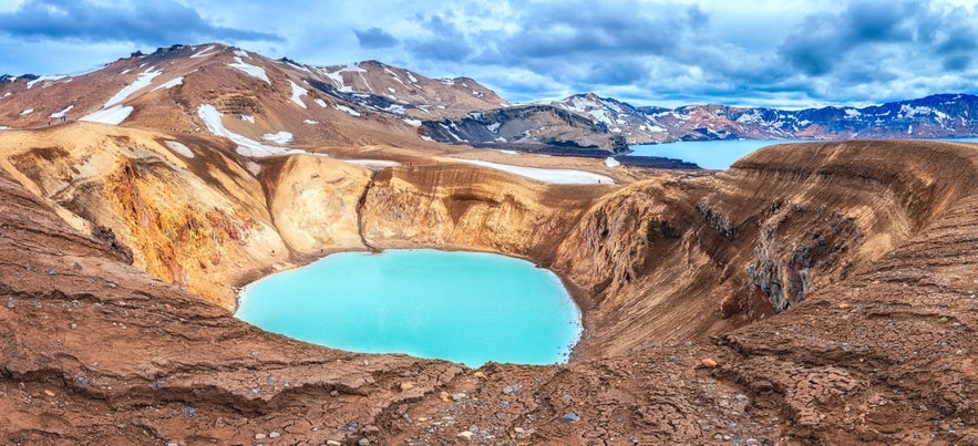 Amazing nature landscape, Viti crater geothermal lake and Oskjuvatn lake in Askja caldera, highlands of Iceland. Scenic panoramic view, outdoor travel background
