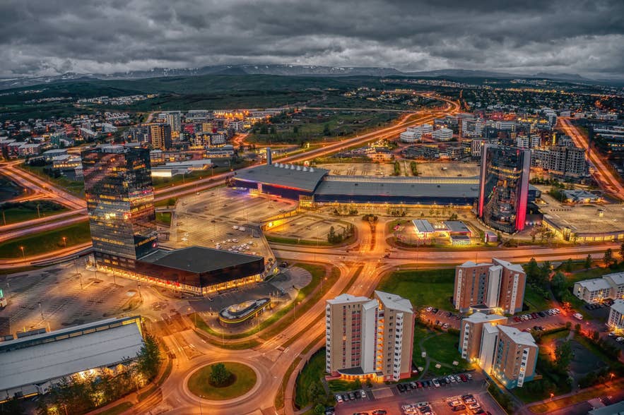 Aerial view of the Kopavogur Business District at Night during Summer Aerial view of the Kopavogur Business District at Night during Summer