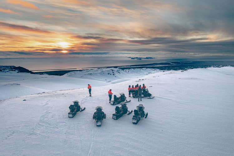 Stunning South Coast and glacier views can be seen on a snowmobile tour of Eyjafjallajokull.