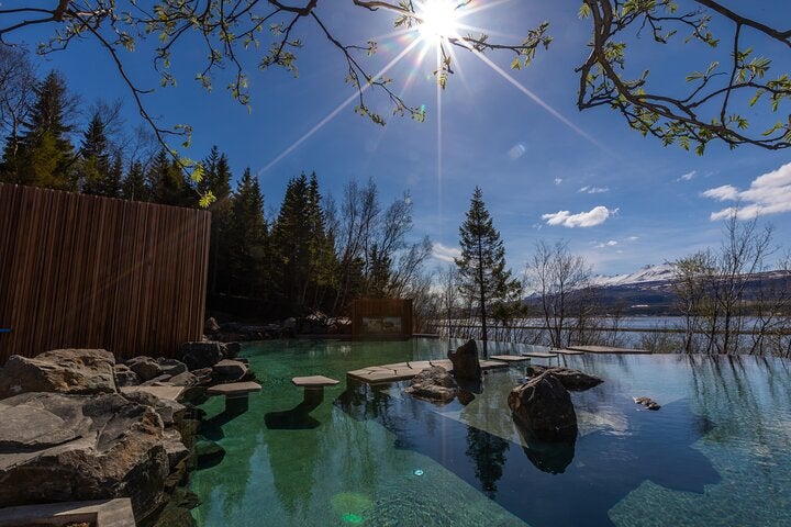 The sun is high in the sky over the Forest Lagoon geothermal spa.