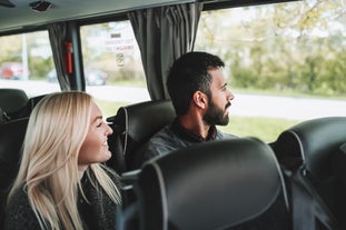 Smiling people look out of the bus window as they enjoy a comfortable transfer from Keflavik International Airport to Reykjavik.