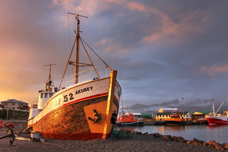Fishing boat at Hofn Harbor during the Lobster Festival in Iceland in June.