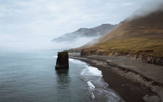 Black sand beach and sea stack along the misty coastline of West Iceland.