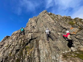 Rock climbing is a big part of the via ferrata tour of Falkaklettur in Iceland.