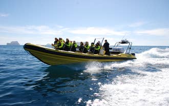 Passengers ride a yellow RIB speedboat across Faxafloi Bay on a puffin watching tour from Reykjavik.