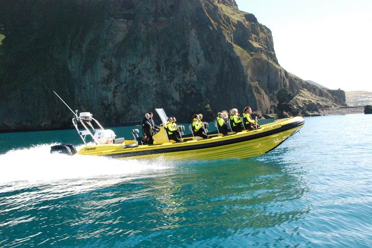 A racing speedboat off the coast of Iceland.