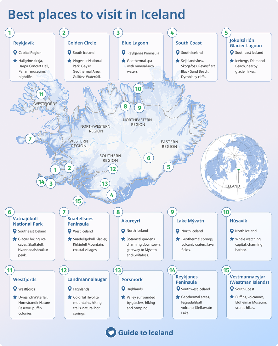 Map of the best places to visit in Iceland, highlighting top regions like Reykjavik, Golden Circle, South Coast, and Jokulsarlon