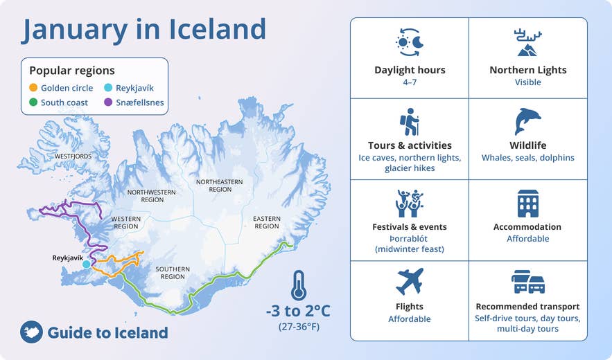 Infographic met weer, daglicht, activiteiten en reistips voor IJsland in januari.