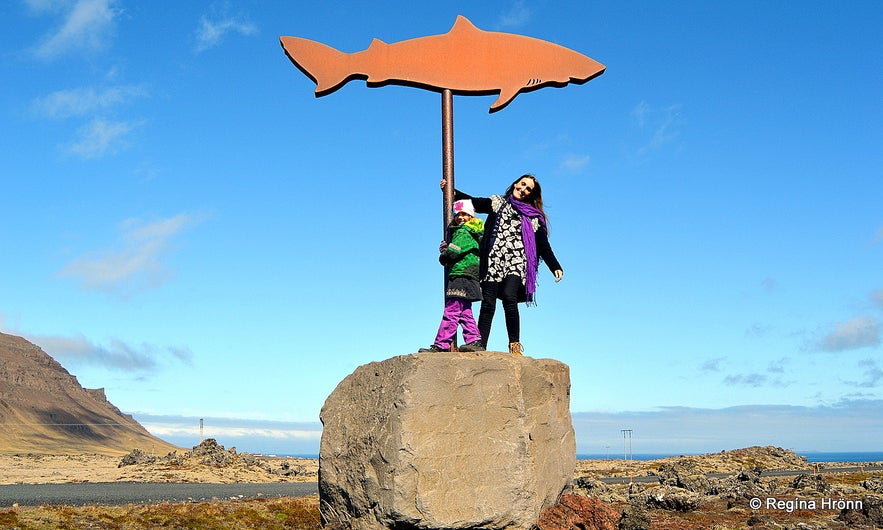 Regína by the Shark Museum sign Snæfellsnes