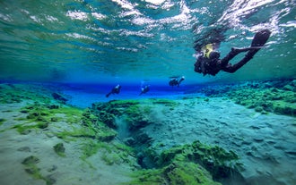 Underwater view of scuba divers drifting through Silfra Fissure in Thingvellir National Park.