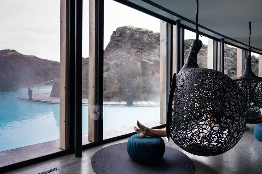 The Retreat at Blue Lagoon hotel above the milky-blue water and snow-covered lava fields
