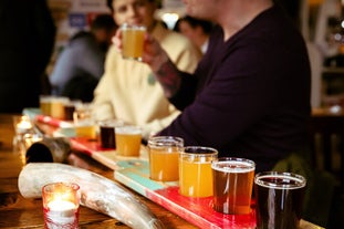 A colorful flight of local beers on a Reykjavik tasting tour.