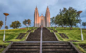 A church in Akureyri, at the top of a flight of steps.
