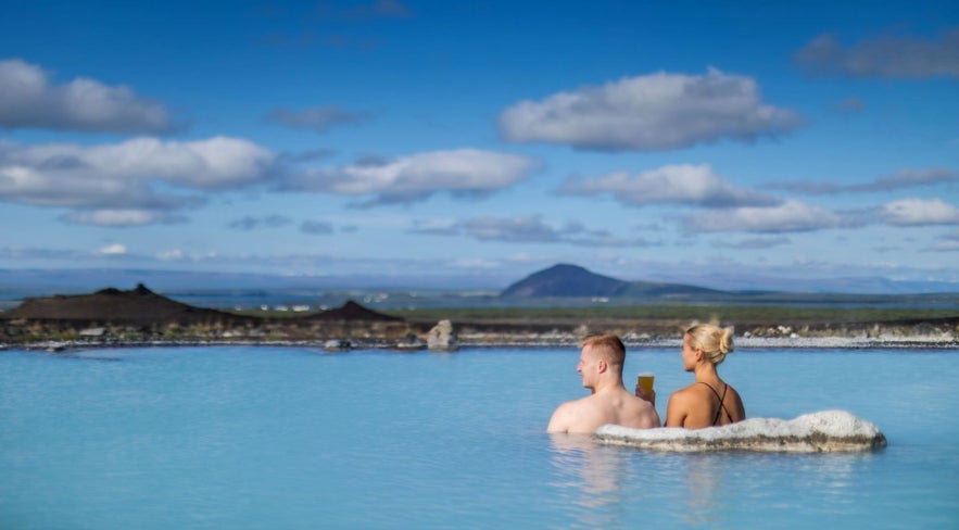 The waters of the Myvatn Nature Baths are very blue