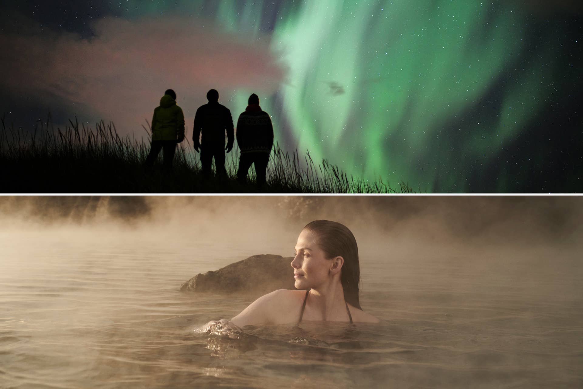 Three silhouettes watching the northern lights with a lady bathing in the Sky Lagoon below.