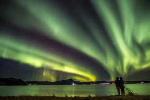 Auroras boreales verdes irradiando sobre el Lago Myvatn