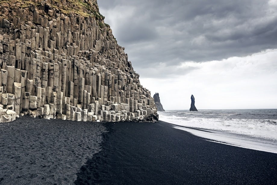 Reynisfjara black sand beach has many geological features.