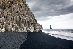 Reynisfjara black sand beach has many geological features.