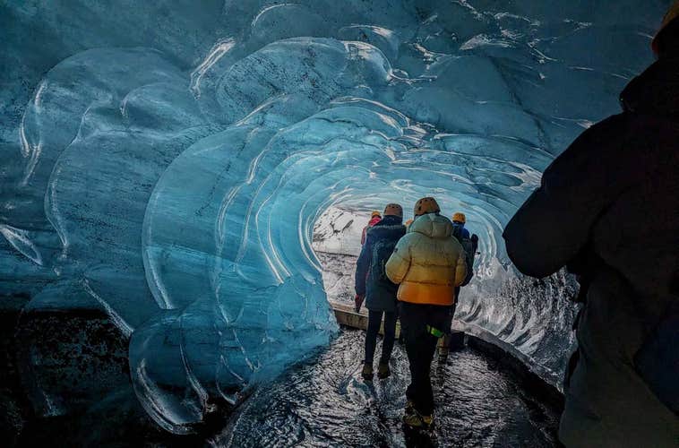 View of the shimmering blue interior of the Crystal Ice Cave in Vatnajokull Glacier.
