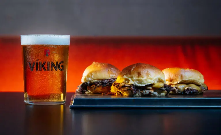 Viking beer and slider-style burgers at Brixton, a popular bar and restaurant in Reykjavik, Iceland.