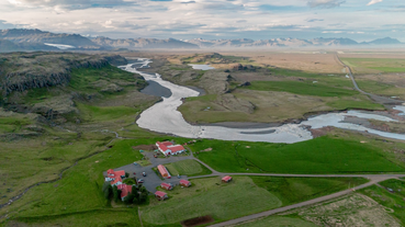 Guesthouse Skalafell as seen from a drone.