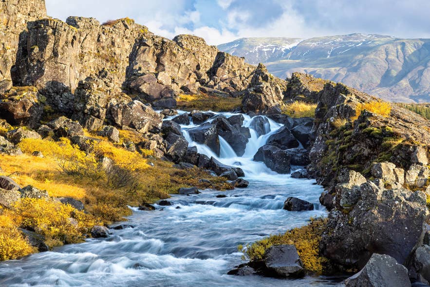 Il fiume Oxara che scorre verso la cascata Oxararfoss, circondato da scogliere rocciose e fogliame autunnale nel Parco Nazionale di Thingvellir.