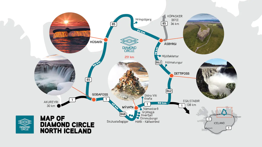 Mapa del Círculo de Diamantes en el Norte de Islandia