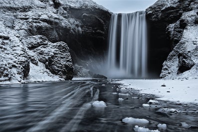 Skogafoss Waterfall looks majestic during winter in Iceland.