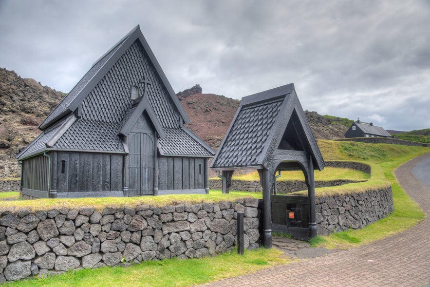 Replica of a historical stave church at a skansen at Heimaey, Iceland
