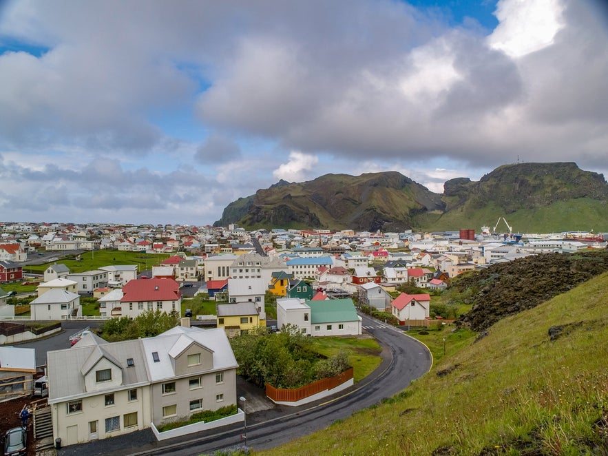 Colorful houses in Heimaey Town with volcanic cliffs in the background on the Westman Islands, South Iceland.